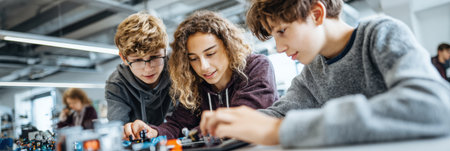 Group of students work together on a coding project using a digital tablet in a clean, bright lab space with ample open area for creativity.の素材