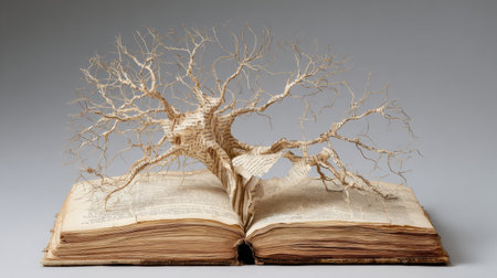 Book pages elegantly morph into intricate neural branches, blending the realms of literature and neuroscience in a captivating artistic representation.の素材