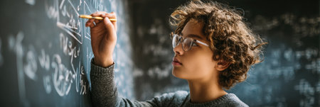 Student focuses intently while writing on a chalkboard, solving a diagram in a classroom environment during a study period in the daytime.の素材