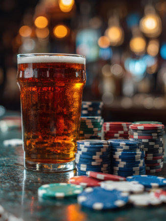 A cold beer pint is prominently placed next to stacks of colorful poker chips, showing the excitement of a bar game night filled with cheers and laughter.の素材