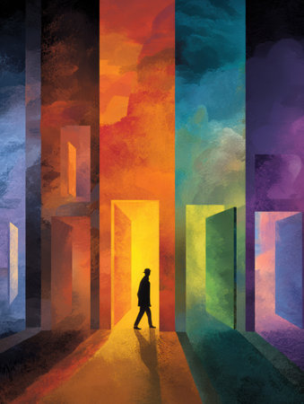 A figure walks through luminous doorways, each in different shades, symbolizing various life stages and transitions, creating a hopeful atmosphere.の素材