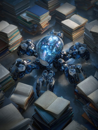 A neural AI machine with an octopus design engages in exploration among scattered books and notebooks, showing a blend of technology and knowledge.の素材