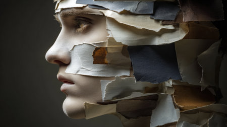 A profile of a head with layers of paper peeling away to uncover an essence of truth is showcased in a minimalistic layout that emphasizes creativity.の素材