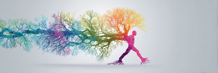A human figure is nurturing a vibrant abstract neuron tree, illustrating the themes of growth and connection within a colorful, creative setting.の素材