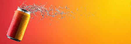 A beer can is bursting with a dynamic splash effect, set against a gradient background that transitions from warm tones, enhancing the exciting moment.の素材