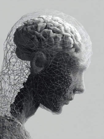A wireframe representation of a human head emphasizes the brain region, surrounded by a minimalistic blank background, showing a blend of art and science.の素材