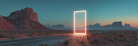 Glowing neon frame captures attention on a deserted highway at dusk, highlighting a serene and vast desert landscape with distant mountains.の素材