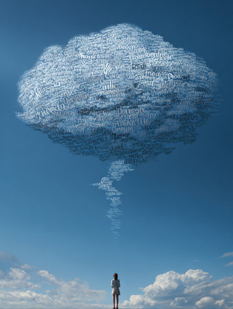 A person stands below a thought cloud filled with affirmations in a bright blue sky, surrounded by fluffy clouds, encouraging positive self-talk and motivation.の素材