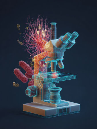 Digital microscope projects intricate 3D structures of microorganisms, showcasing cellular details in a clean, modern laboratory environment.の素材