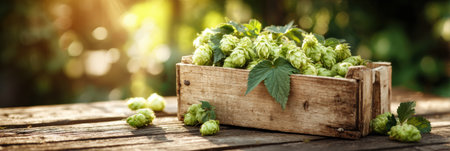 Fresh hops are neatly arranged in a rustic wooden crate, illuminated by soft sunlight shining through surrounding greenery on a quiet afternoon.の素材
