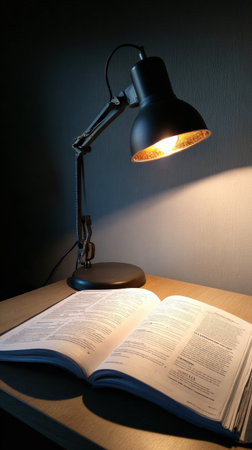 Desk lamp casts a warm glow on an open textbook, highlighting the text while shadows balance around it, creating a peaceful study setting at night.の素材