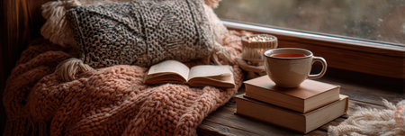 A cozy reading nook by the window has a soft blanket, tea, and books, perfect for relaxing in the afternoon.の素材