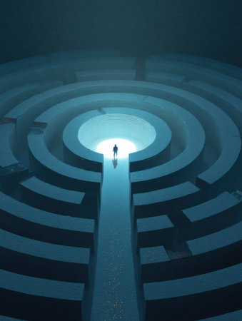A person navigates a mind maze with a glowing path leading to the center of clarity, surrounded by a calm and minimalist design, evoking contemplation.の素材