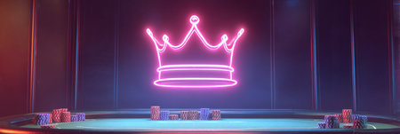 A striking neon crown illuminates an empty poker table surrounded by scattered chips, capturing the essence of high-stakes gaming in a stylish setting.の素材