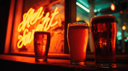 Beer glasses cast vibrant silhouettes under neon lights in a bustling cafe, creating an inviting atmosphere for patrons in the evening.の素材