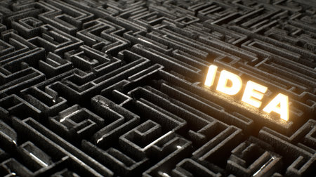 A detailed 3D maze symbolizes the journey of thoughts, converging toward a luminous idea sign, with one path left faded and unclear.の素材