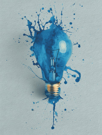An ink splash forms a lightbulb on textured canvas, using bright blue hues to convey creativity and artistic expression.の素材