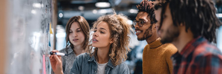 Students engage in a brainstorming session, writing and sharing ideas on a smartboard, surrounded by a bright and open workspace environment.の素材