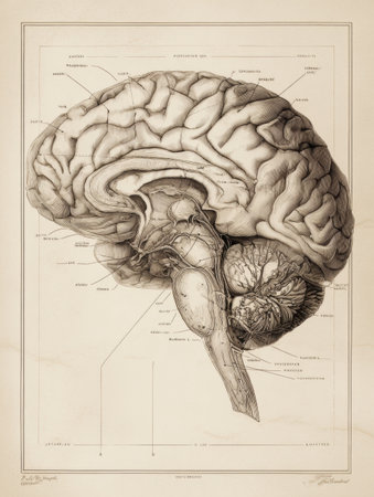 Anatomical study displays a detailed illustration of the human brain, with labeled areas highlighting different structures for educational observation.の素材