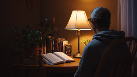 Student unwinds in the evening, engrossed in an audiobook while soft lamp light casts a warm glow over the cozy reading corner with an open book.の素材