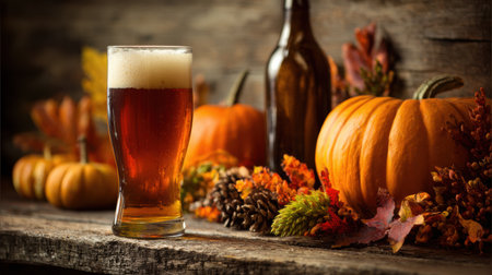 Seasonal craft beer sits beside vibrant pumpkins and autumn foliage, creating a cozy ambiance perfect for fall gatherings and celebrations.の素材