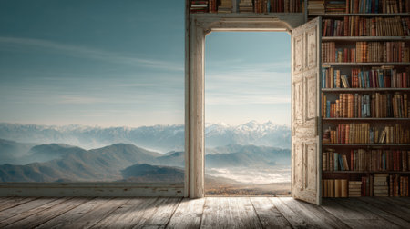 A door stands ajar, showcasing a stunning landscape of mountains and valleys beyond, with bookshelves lining the interior walls, suggesting endless learning.の素材