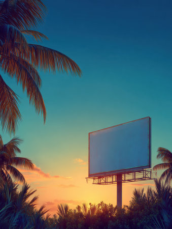 A beachside billboard stands empty while palm shadows stretch across the sand under a vibrant sunset sky, creating a serene atmosphere.の素材