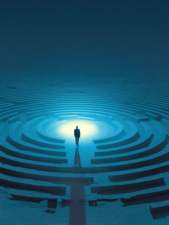 A solitary figure stands at the center of a maze, illuminated by a glowing path that represents clarity amidst a tranquil, minimalist environment.の素材
