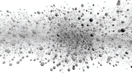 Complex network of nodes simulating a brain shape, illustrating interconnectivity and data exchange among various elements, with open space on top.の素材