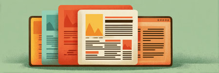 Bold headlines highlight retro web style clickbait articles arranged in a colorful layout against a soft green backdrop.の素材