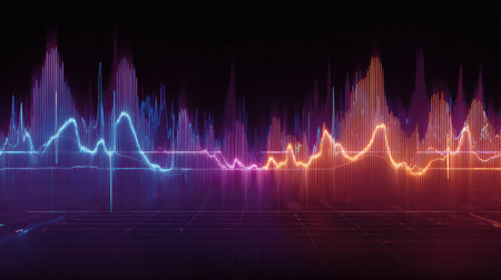 Neon-colored graph displays brainwave monitor readings, illustrating varying brain activity levels, with vibrant peaks and valleys in a sleek design.の素材