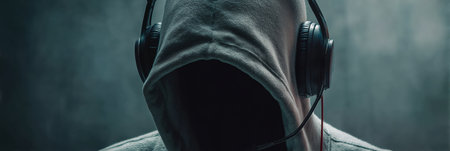 A person wearing a hoodie and headphones appears to be engaged in fraudulent tech support activities. The environment is dark and uncertain.の素材