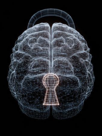 Wireframe representation of a brain is placed inside a digital lock symbol, illustrating the connection between cognitive processes and security in technology.の素材