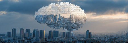 A giant puzzle brain floats above a city skyline, its lower half fading into the evening clouds, enhancing the surreal atmosphere of the urban landscape.の素材