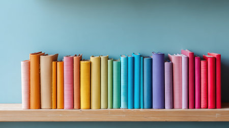 Stacked books in a gradient of colors line a wooden shelf against a calm backdrop, while the right side remains empty for a tranquil visual balance.の素材