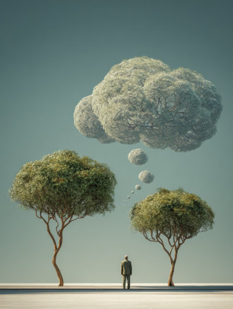 Tree branches gracefully transform into fluffy thought bubbles above an individual standing calmly in a serene setting, evoking creativity and imagination.の素材