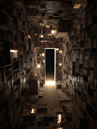 Complex arrangement of bookshelves creates a mind maze, featuring illuminated pathways and an open space in the upper left for potential discovery and escape.の素材