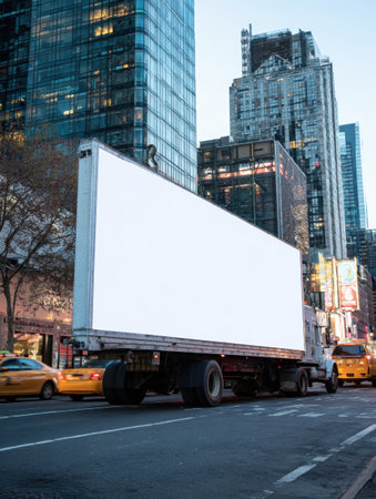 A moving truck displaying a blank billboard passes through bustling city traffic as yellow taxis line the streets under bright urban lights.の素材