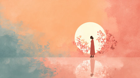 A silhouette stands in tranquil pastel surroundings, reflecting on self with a mirror-like surface while a soft sun sets in the background.の素材