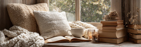 A serene reading nook features a soft blanket, a stack of books, and a warm cup of tea by a sunlit window, perfect for a peaceful afternoon retreat.の素材