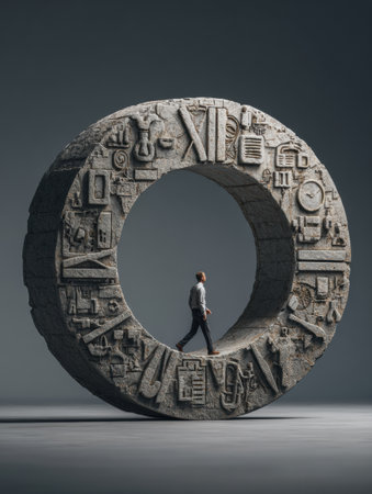 Individual strolls through a colossal clock displaying various learning symbols, symbolizing lifelong learning amidst an open top space.の素材