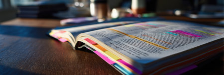 Warm morning light casts shadows on an open textbook filled with bright sticky tabs, suggesting focused study and preparation for learning.の素材