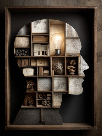 Artwork depicts a human head divided into compartments representing various ideas and logical elements, with an open area at the top for limitless thoughts.の素材