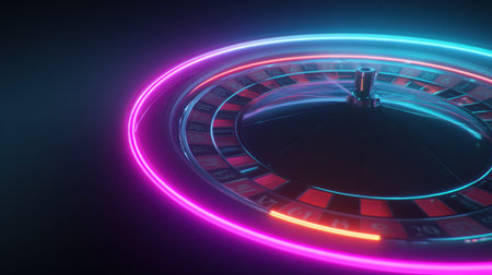 A dynamic roulette wheel spins rapidly, generating bright neon colors against a dark background, showcasing an exciting atmosphere common in gaming venues.の素材