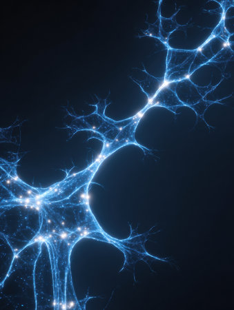A glowing web of neurons creates a brain map, showcasing neural activity clearly against a dark backdrop on the right side.の素材
