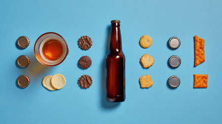 A flat lay arrangement showcases various beer snacks, bottle caps, and a central glass of amber beer, all set on a vibrant blue surface.の素材