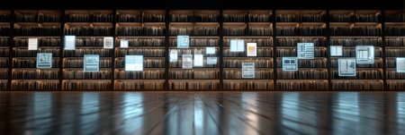 A modern library features digital shelves with glowing book icons and a bright wooden floor, providing a serene environment for readers and students.の素材