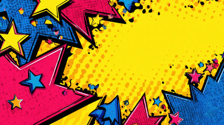 Bright pop art design showcases vibrant colors, stars, and arrows, creating an energetic background perfect for capturing attention and promoting products.の素材