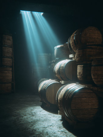 Sunlight streams through an opening above stacks of wooden barrels in a dark cellar, illuminating the organized arrangement of the barrels.の素材
