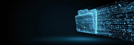 Binary code flows rapidly from a folder icon, illustrating a data leak scenario in a digital environment, emphasizing issues in cyber security.の素材